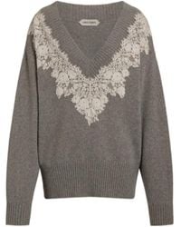Alberta Ferretti - Lace Trim V-Neck Knitted Sweater - Lyst