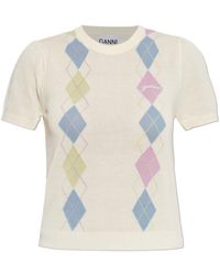 Ganni - Argyle Short-Sleeve Knitted Top - Lyst