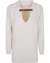 Elisabetta Franchi - Ribbed Knit Buckle-Detail Polo-Collar Jumper - Lyst