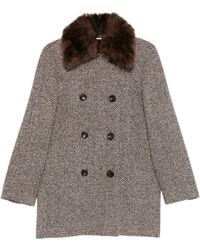 Liu Jo - Herringbone Faux-Fur Collar Coat - Lyst
