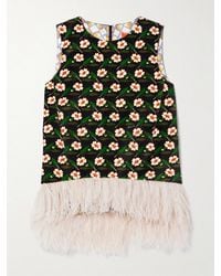 La DoubleJ - La Scala Asymmetric Feather-Trimmed Floral-Print Cotton-Velvet Top - Lyst