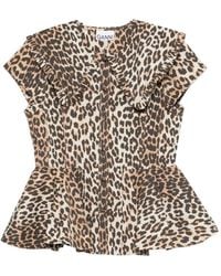 Ganni - Ruffled Leopard-Print Buttoned Top - Lyst