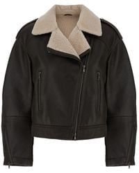 Brunello Cucinelli - Shearling-Collar Cropped Biker Jacket - Lyst
