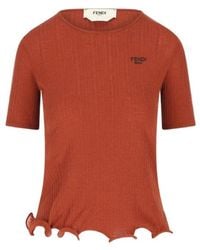 Fendi - Ribbed Knit Crew Neck Top With Wave Hem And Logo Embroidery - Lyst
