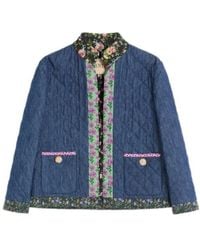Valentino - Floral Detailed Quilted Denim Jacket - Lyst