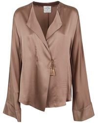 forte_forte - Shiny Stretch Silk Satin Crossed Shirt - Lyst