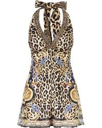 CAMILLA - Embellished Printed Silk Halterneck Playsuit - Lyst