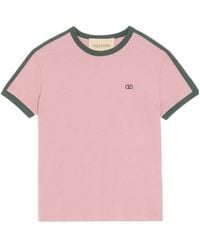Valentino - Cotton T-Shirt With Crew Neck, Contrasting Side Bands And Vlogo Embroidery - Lyst