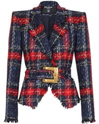 Balmain - Belted Plaid Tweed Jacket - Lyst
