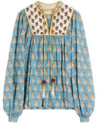 Valentino - Embroidered V-Neck Puff-Sleeved Blouse - Lyst