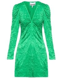Ganni - Crinkled Satin V-Neck Mini Dress - Lyst