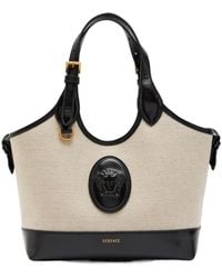 Versace - Small Leather And Canvas Tote Bag - Lyst
