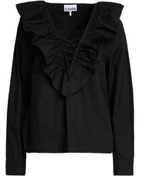 Ganni - Solid-Color Long-Sleeve Ruched Top - Lyst