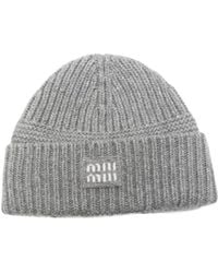 Miu Miu - Logo-Patch Ribbed-Knit Wool Beanie - Lyst