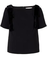 Carolina Herrera - Bow-Detail Velvet-Trimmed Crêpe Top - Lyst