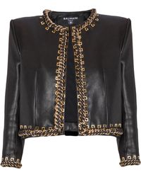 Balmain - Lambskin Edge-To-Edge Jacket With Chain Trim - Lyst