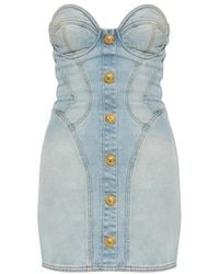 Balmain - Strapless Button Detailed Denim Dress - Lyst