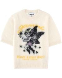 Ganni - Graphic Short-Sleeve Knitted Sweater - Lyst