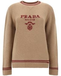 Prada - Logo-Intarsia Striped-Trim Crewneck Jumper - Lyst