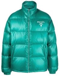 Prada - Logo Printed Down Jacket With Standing Collar - Lyst
