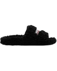 Balenciaga - Logo Embroidered Furry Slide Sandals - Lyst