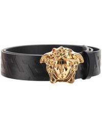 Versace - Medusa Plaque Allover Logo Embossed Belt - Lyst