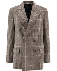 Brunello Cucinelli - Checked Double-Breasted Long-Sleeved Blazer - Lyst