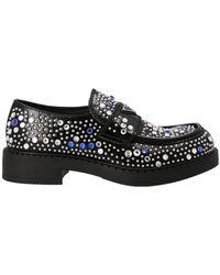 Prada - Brushed-Leather Loafers With Studs And Rhinestones - Lyst