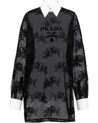 Prada - Embroidered Lace And Poplin Mini-Dress - Lyst