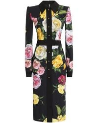 Dolce & Gabbana - Calf-Length Cady Shirt Dress With Peony And Rose - Lyst