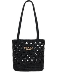 Prada - Logo Embroidered Open Top Shoulder Bag - Lyst