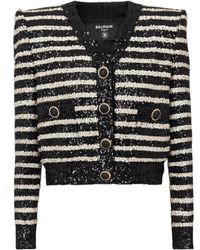 Balmain - Short Striped Sequin Jacket With 2 Pockets - Lyst