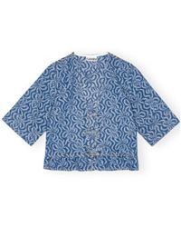 Ganni - Jacquard Denim Flounce Tie Blouse - Lyst