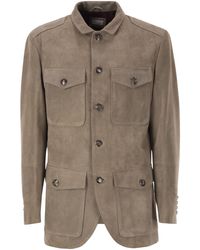 Brunello Cucinelli - Suede Leather Safari Jacket With Patch Pockets - Lyst