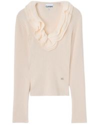 Ganni - Egret Ruffled V-Neck Knitted Top - Lyst