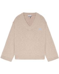 Ganni - Logo-Embroidered V-Neck Jumper - Lyst