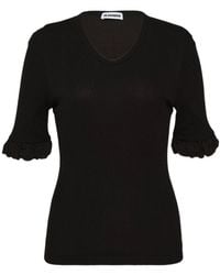 Jil Sander - Ruffled-Cuff V-Neck Ribbed Top - Lyst