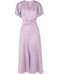 Victoria Beckham - V-Neck Ruched Satin Midi Dress - Lyst