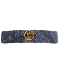 Etro - Cotton And Linen Jacquard Denim Hair Clip With Leafy Motif - Lyst