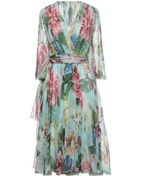 Dolce & Gabbana - Floral V-Neck Three-Quarter Sleeve Dress - Lyst
