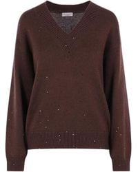 Brunello Cucinelli - Sequinned V-Neck Jumper - Lyst