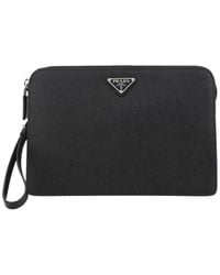 Prada - Saffiano Logo Plaque Clutch Bag - Lyst