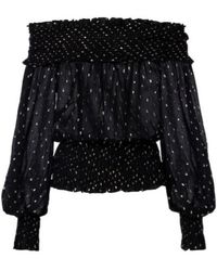 Self-Portrait - Shirred Metallic-Effect Off-Shoulder Top - Lyst
