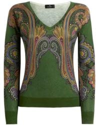 Etro - Silk And Cashmere Sweater With V-Neck And Placed Paisley-Print - Lyst