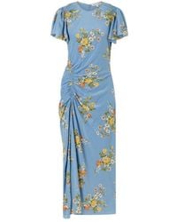 Veronica Beard - Gathered Floral-Print Silk-Blend Satin Midi Dress - Lyst