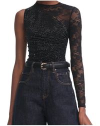 Self-Portrait - Rhinestone Lace Sleeve Top - Lyst