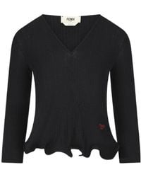 Fendi - V-Neck Ruffled-Hem Ribbed Top - Lyst