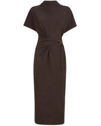 Brunello Cucinelli - Techno Wool Jersey Wrap Belt Dress With Monili - Lyst