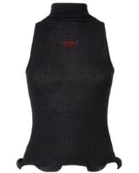 Fendi - Logo Embroidered High-Neck Sleeveless Ribbed Top - Lyst