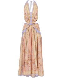 Zimmermann - Indra Plunge Printed Metallic Cotton And Silk-Blend Halterneck Maxi Dress - Lyst